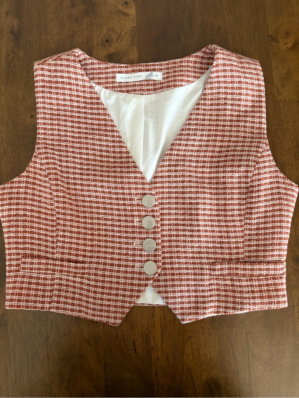 Altar’d State Two-Piece Tweed Crop Vest & Shorts Set in Rust Gingham Plaid - Picture 2 of 8